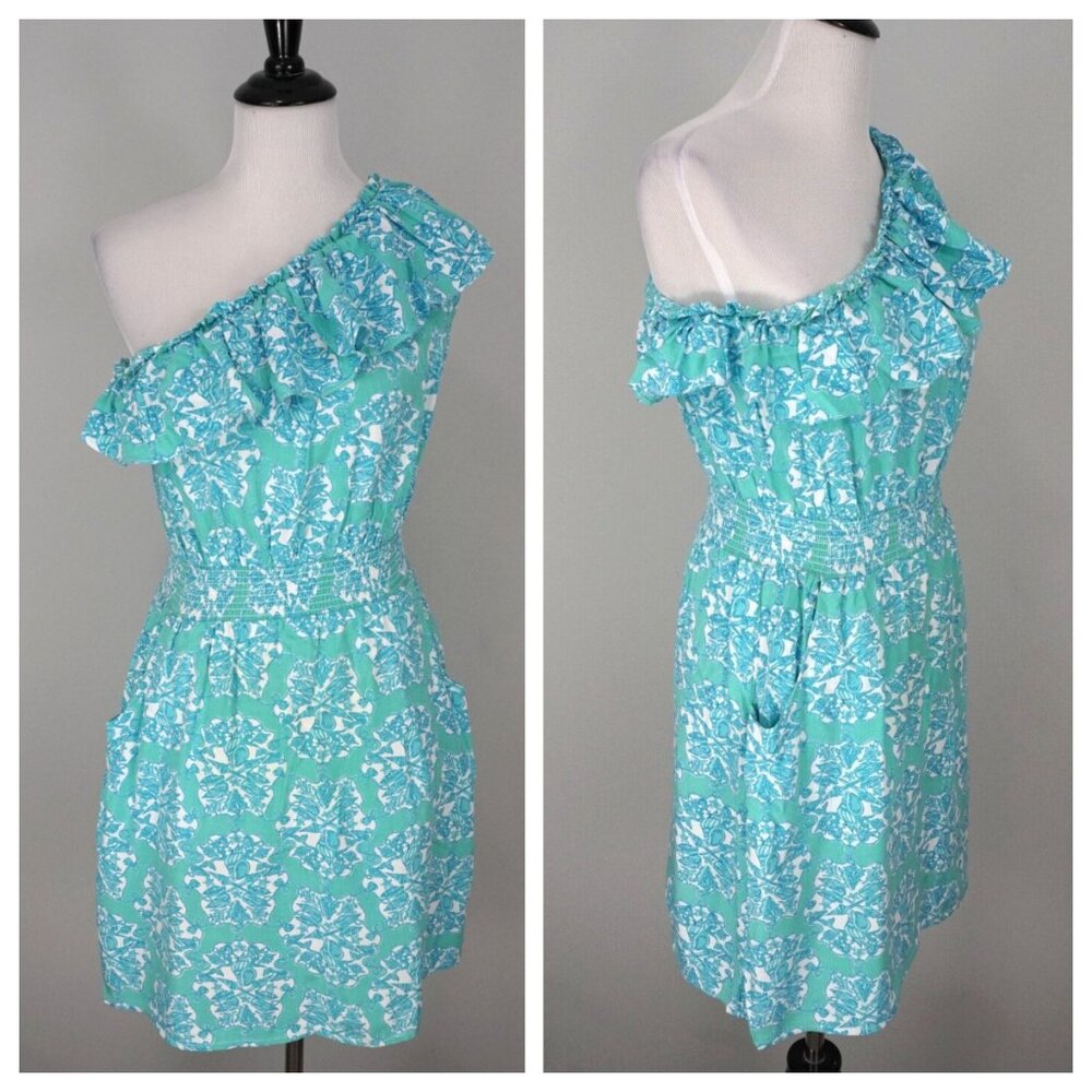 LILLY PULITZER Blue Turquoise White One Shoulder Stretch Floral Waist Dress XS